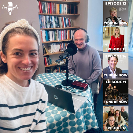 A photograph of podcast host Mike Elder with Sarah Hogg